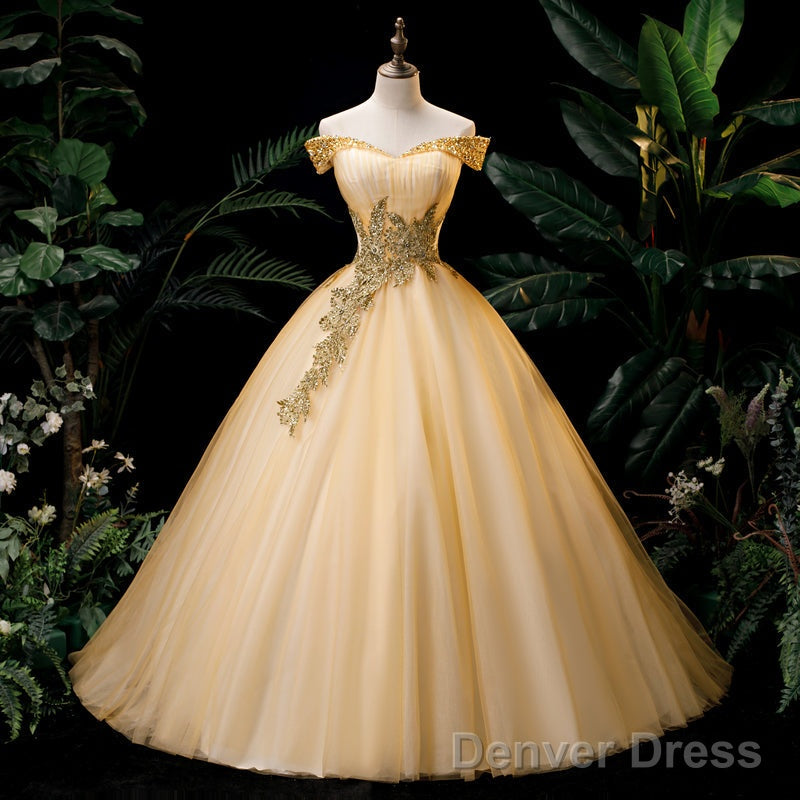 Lovely Champagne Sweetheart Off Shoulder Prom Dress, Champagne Sweet 16 Dress Secondary image