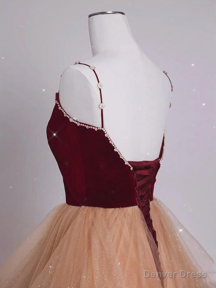 Lovely Champagne Tulle and Wine Red Velvet Straps Prom Dress, A Line Long Prom Dresses
