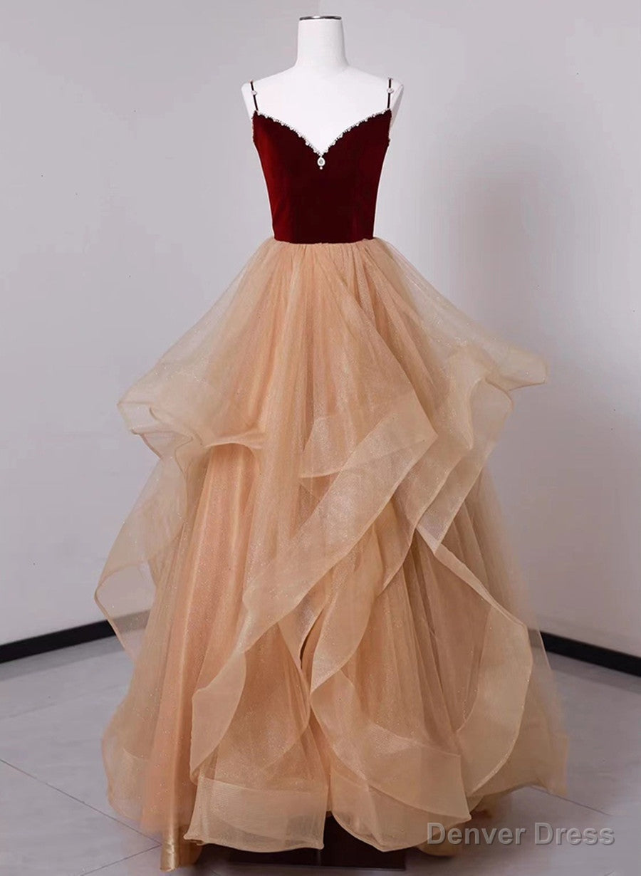 Lovely Champagne Tulle and Wine Red Velvet Straps Prom Dress, A Line Long Prom Dresses