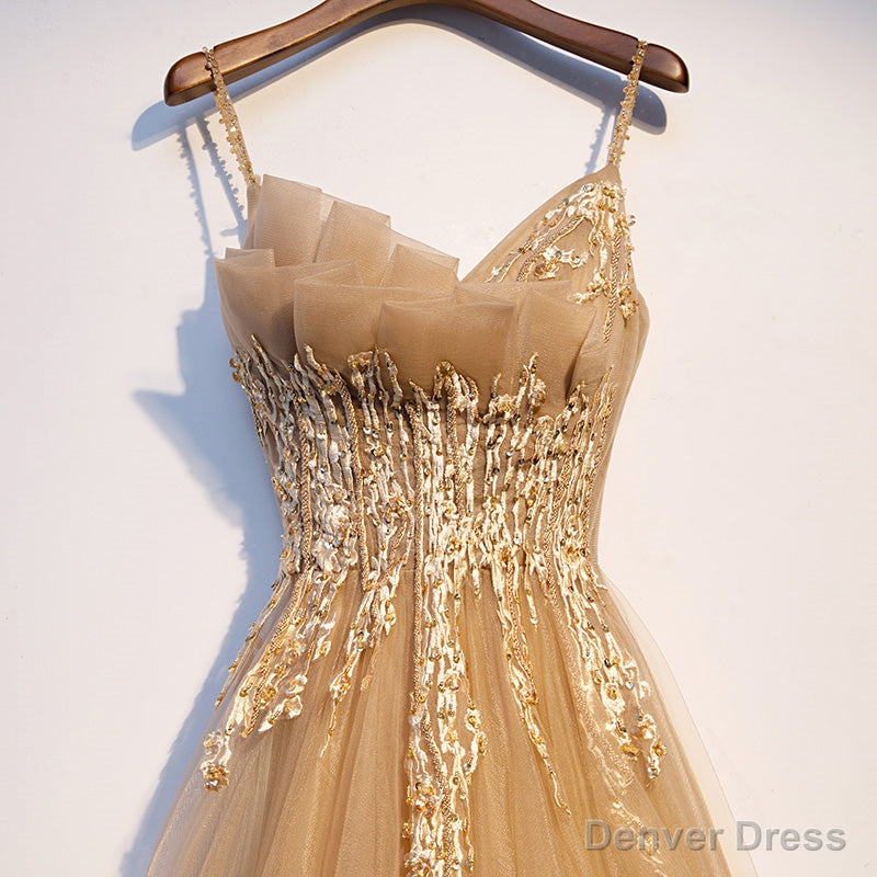 Lovely Champagne Tulle with Lace Long Formal Dress, Champagne Prom Dre
