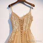Lovely Champagne Tulle with Lace Long Prom Dress, Champagne Prom Dresses