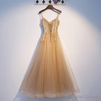 Lovely Champagne Tulle with Lace Long Prom Dress, Champagne Prom Dresses