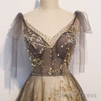 Lovely Champagne V-Neckline Tulle Long Prom Dress Party Dress, Formal Gown