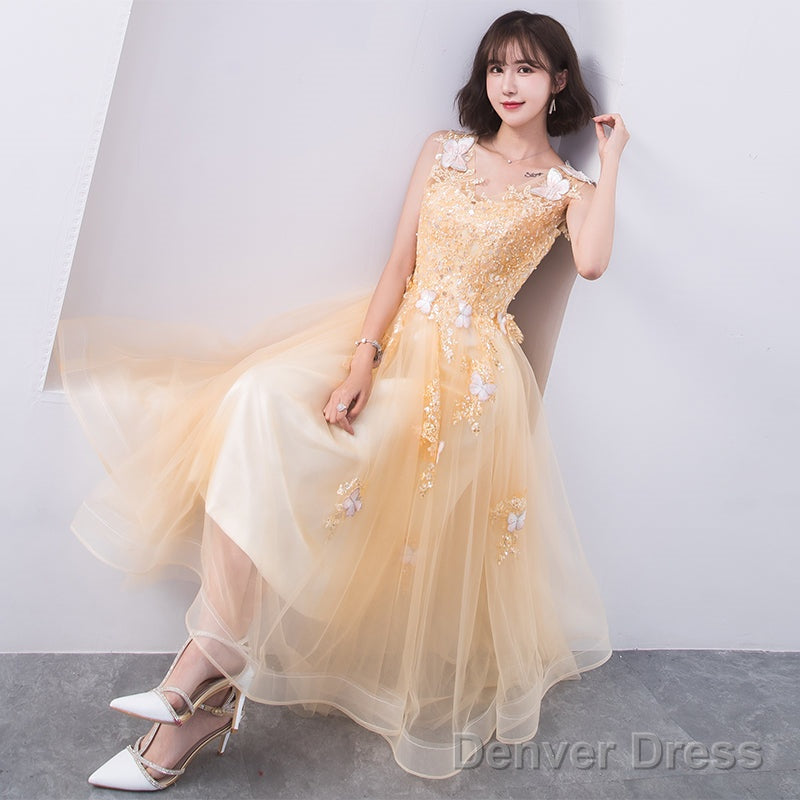Lovely Champapgne Tulle Tea Length Prom Dress With Butterfly, Cute Short Homecoming Dresses