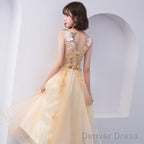 Lovely Champapgne Tulle Tea Length Prom Dress With Butterfly, Cute Short Homecoming Dresses