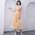 Lovely Champapgne Tulle Tea Length Prom Dress With Butterfly, Cute Short Homecoming Dresses