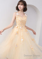 Lovely Champapgne Tulle Tea Length Prom Dress With Butterfly, Cute Short Homecoming Dresses