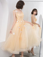 Lovely Champapgne Tulle Tea Length Prom Dress With Butterfly, Cute Short Homecoming Dresses