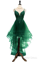Lovely Dark Green High Low Chic Party Dresses Prom Dresses, V-Neckline Straps Homecoming Dresses