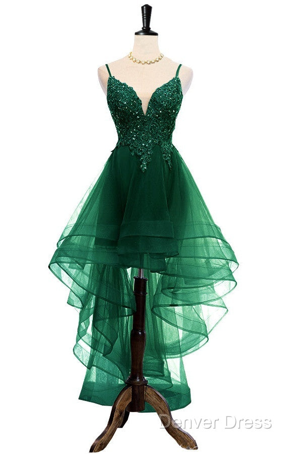 Lovely Dark Green High Low Chic Party Dresses Prom Dresses, V-Neckline Straps Homecoming Dresses