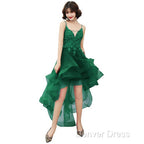 Lovely Dark Green High Low Chic Party Dresses Prom Dresses, V-Neckline Straps Homecoming Dresses