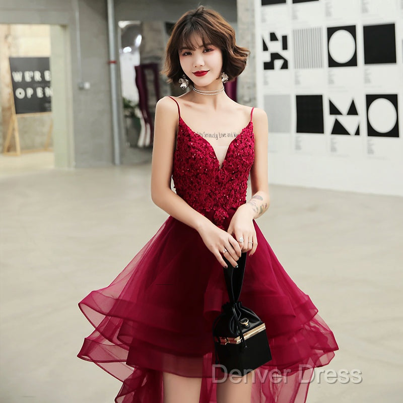 Lovely Dark Green High Low Chic Party Dresses Prom Dresses, V-Neckline Straps Homecoming Dresses