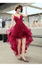 Lovely Dark Green High Low Chic Party Dresses Prom Dresses, V-Neckline Straps Homecoming Dresses