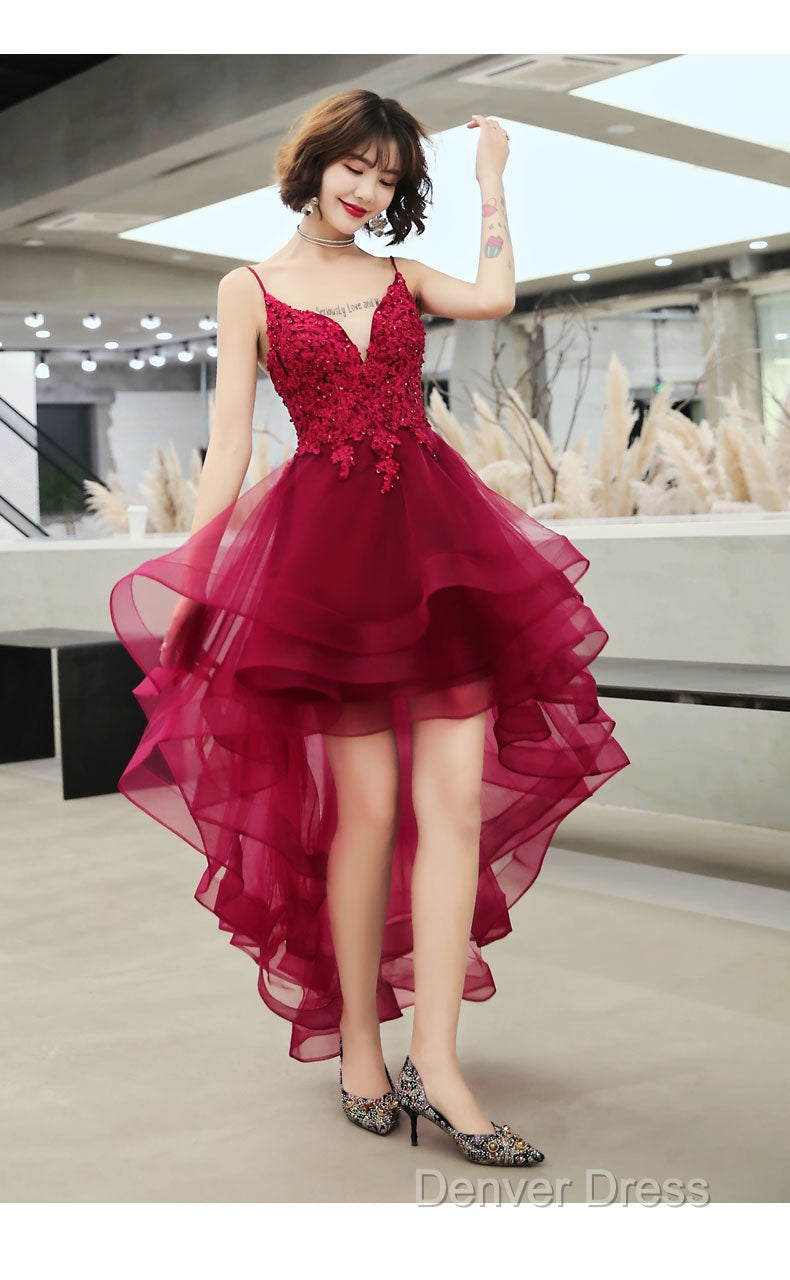 Lovely Dark Green High Low Chic Party Dresses Prom Dresses, V-Neckline Straps Homecoming Dresses