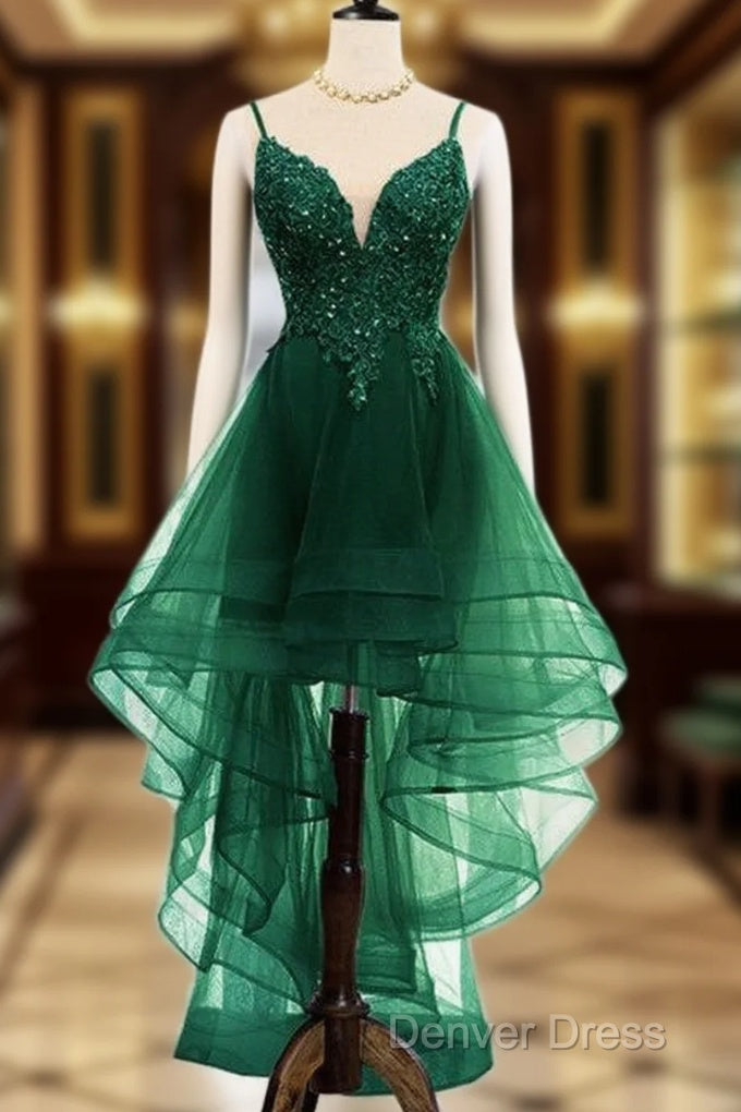 Lovely Dark Green High Low Chic Party Dresses Prom Dresses, V-Neckline Straps Homecoming Dresses Main image
