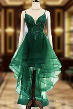 Lovely Dark Green High Low Chic Prom Dress Prom Dress, V Neckline Straps Homecoming Dresses