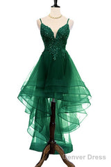 Lovely Dark Green High Low Chic Party Dress Prom Dress, V-Neckline Straps Homecoming Dress