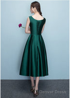 Lovely Dark Green Tea Length Simple Satin Bridesmaid Dress Prom Dresses