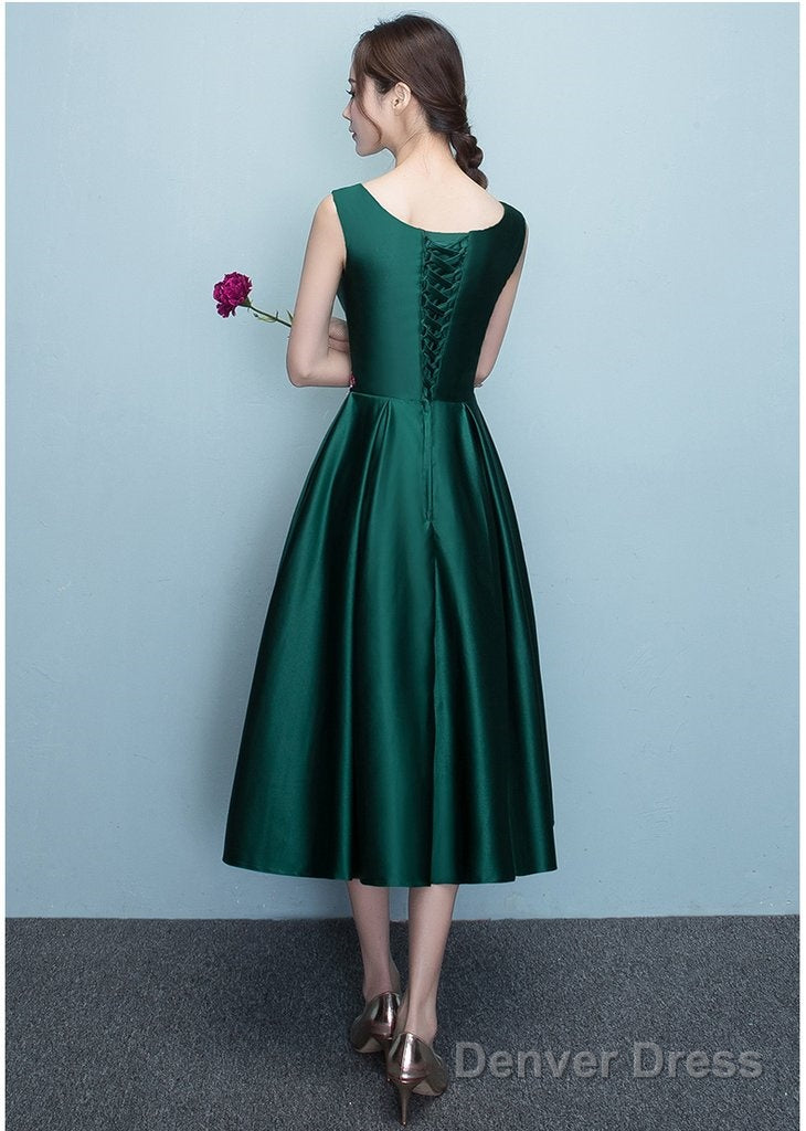 Lovely Dark Green Tea Length Simple Satin Bridesmaid Dress Prom Dresses