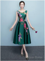 Lovely Dark Green Tea Length Simple Satin Bridesmaid Dress Prom Dresses