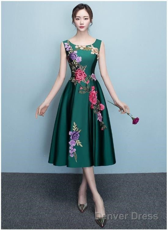 Lovely Dark Green Tea Length Simple Satin Bridesmaid Dress Prom Dresses Main image
