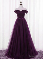 Lovely Dark Purple Tulle V-neckline Prom Dress , Long Bridesmaid Dress