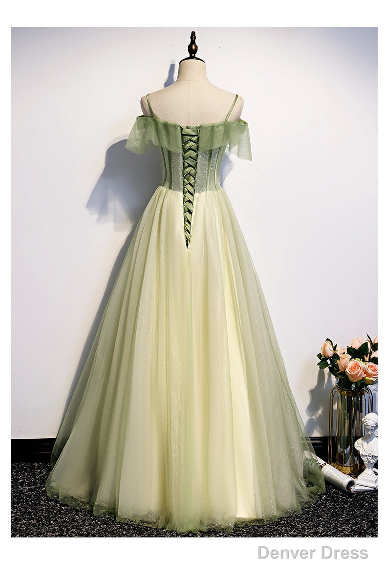 Lovely Flowers Off Shoulder Tulle Long Prom Dress, A Line Tulle Light Green Prom Dresses