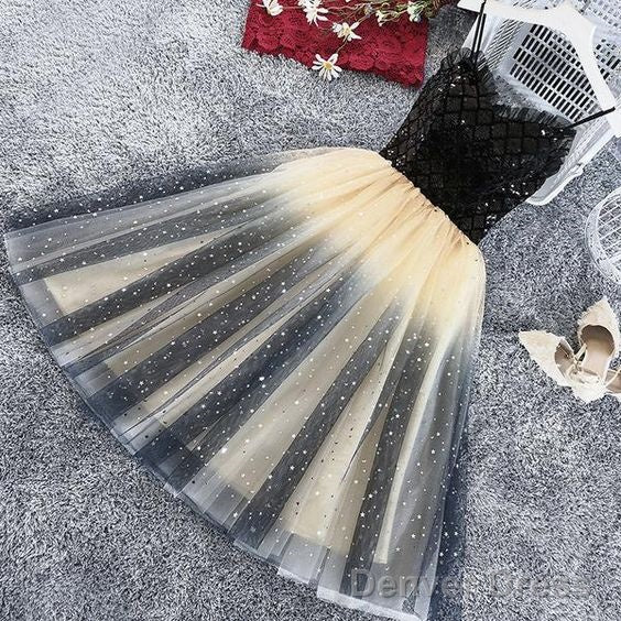 Lovely Gradient Tulle Black Top Short Prom Dress, Spaghetti Strap Cute Homecoming Dresses