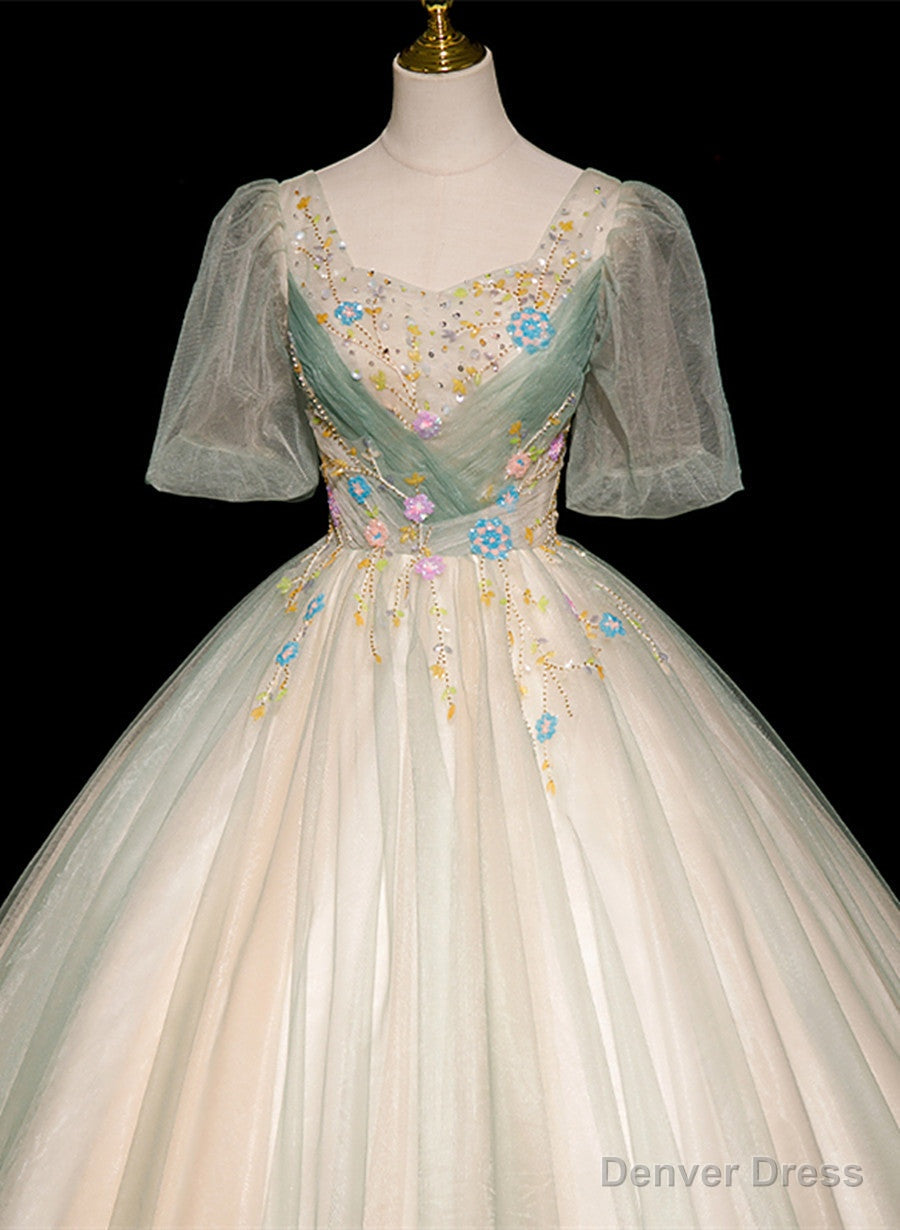 Lovely Green and Champagne Tulle Long Formal Dress, Ball Gown Party Dress