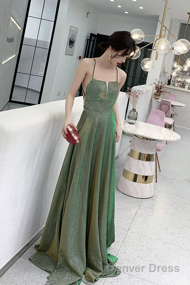 Lovely Green Backless Long Shiny Prom Dress Party Dress, Green Evening Dresses