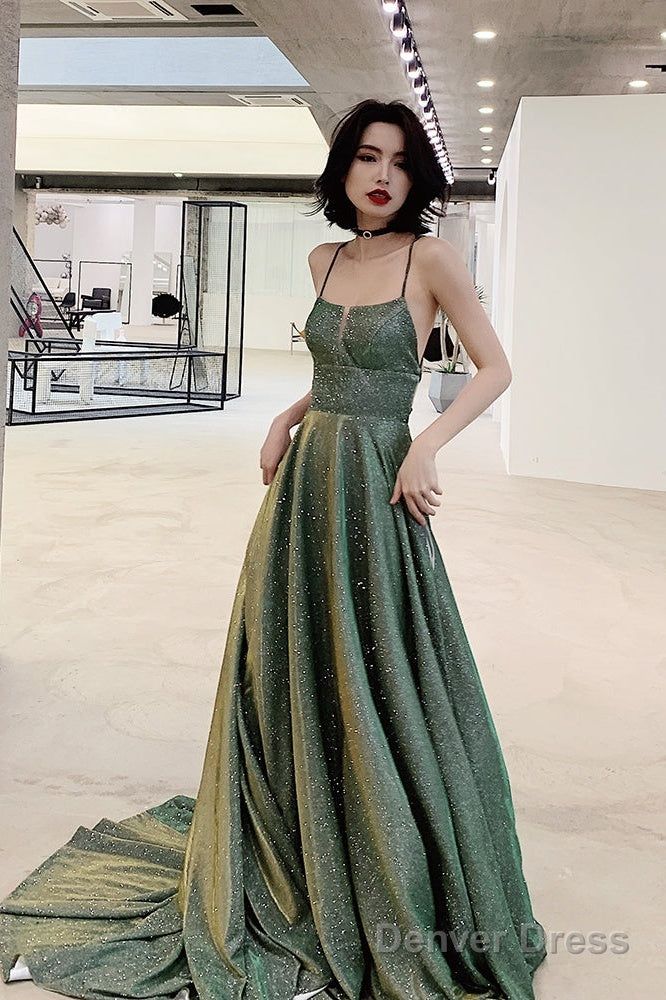 Lovely Green Backless Long Shiny Prom Dress Party Dress, Green Evening Dresses Main image
