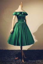 Lovely Green Satin Off Shoulder Knee Length Homecoming Dress, Short Prom Dresses