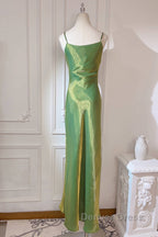 Lovely Green Straps Long Prom Dress, Green Satin Prom Dress