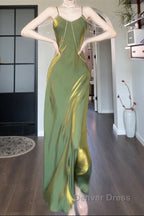 Lovely Green Straps Long Prom Dress, Green Satin Prom Dress