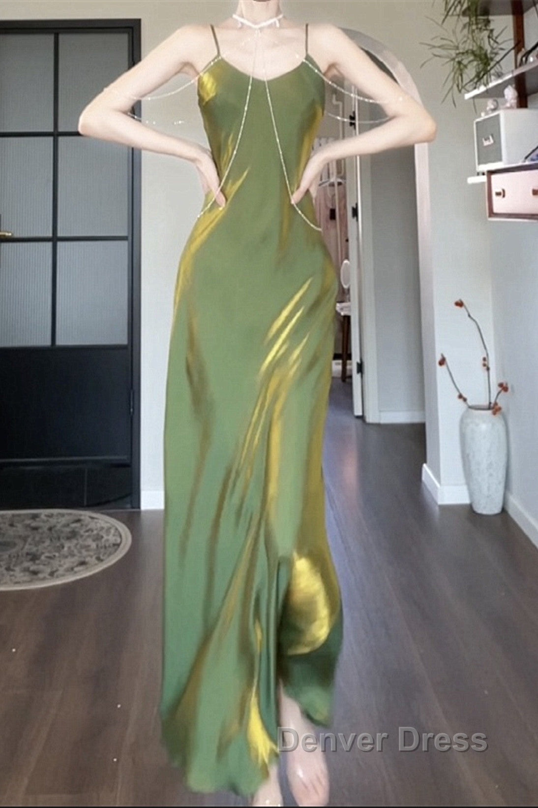 Lovely Green Straps Long Prom Dress, Green Satin Prom Dress