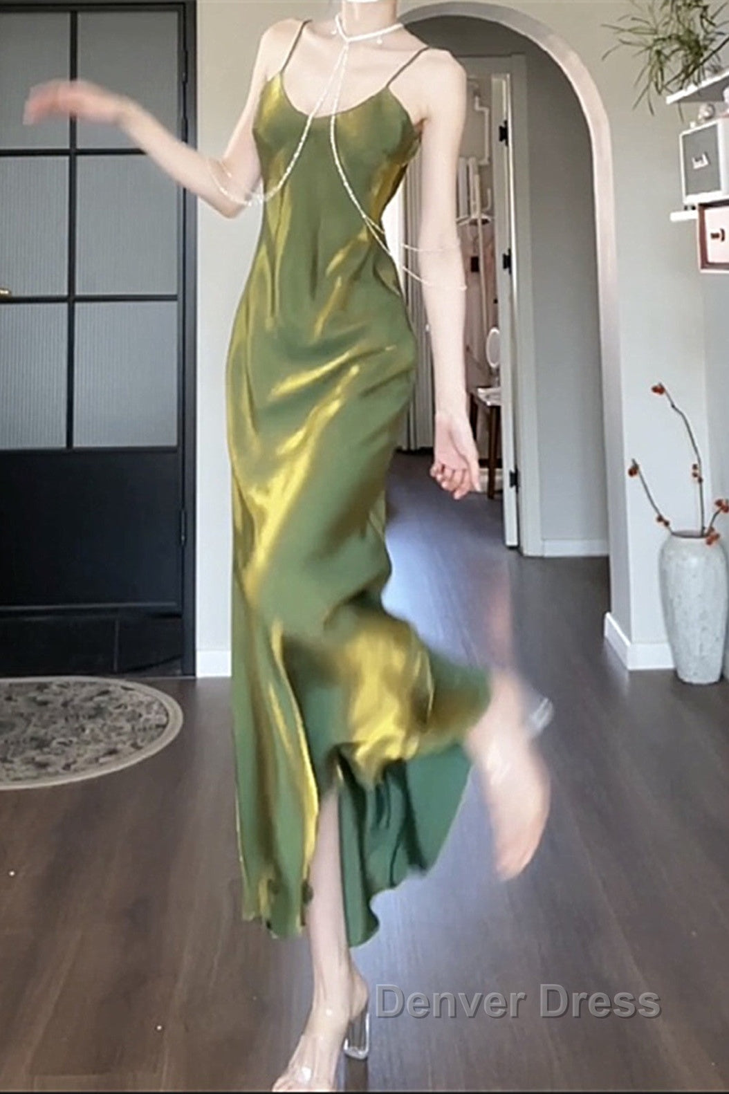 Lovely Green Straps Long Prom Dress, Green Satin Prom Dress