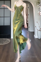 Lovely Green Straps Long Formal Dresses, Green Satin Party Dresses Evening Dresses