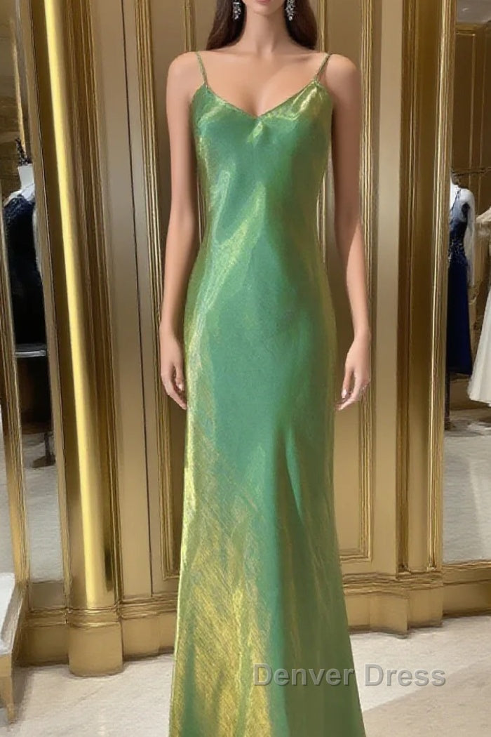 Lovely Green Straps Long Formal Dresses, Green Satin Party Dresses Evening Dresses