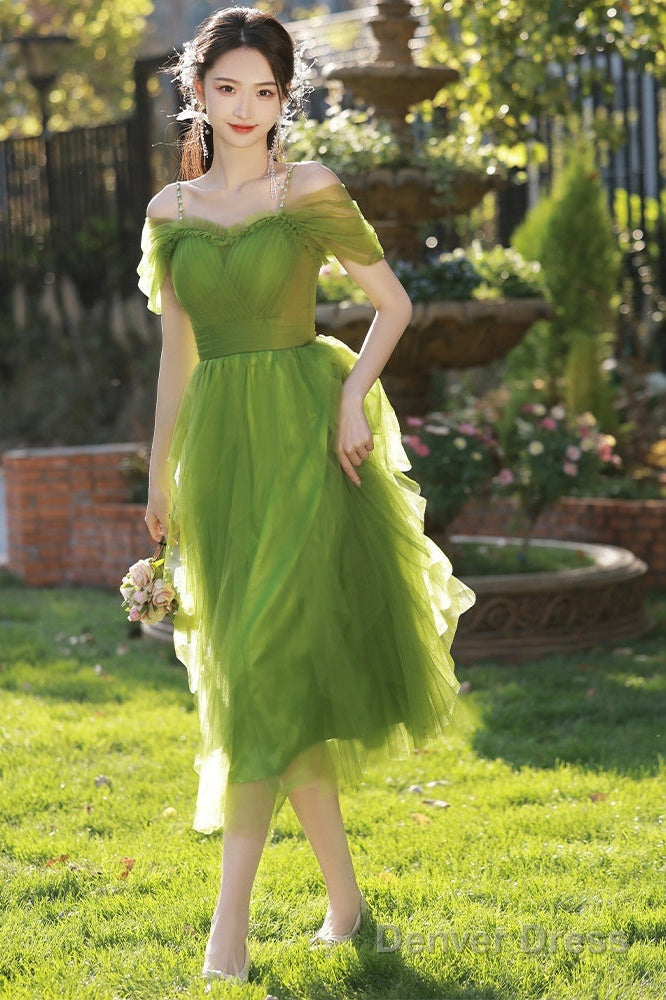Lovely Green Tulle Beaded Straps Short Prom Dress, Green Short Homecoming Dresses