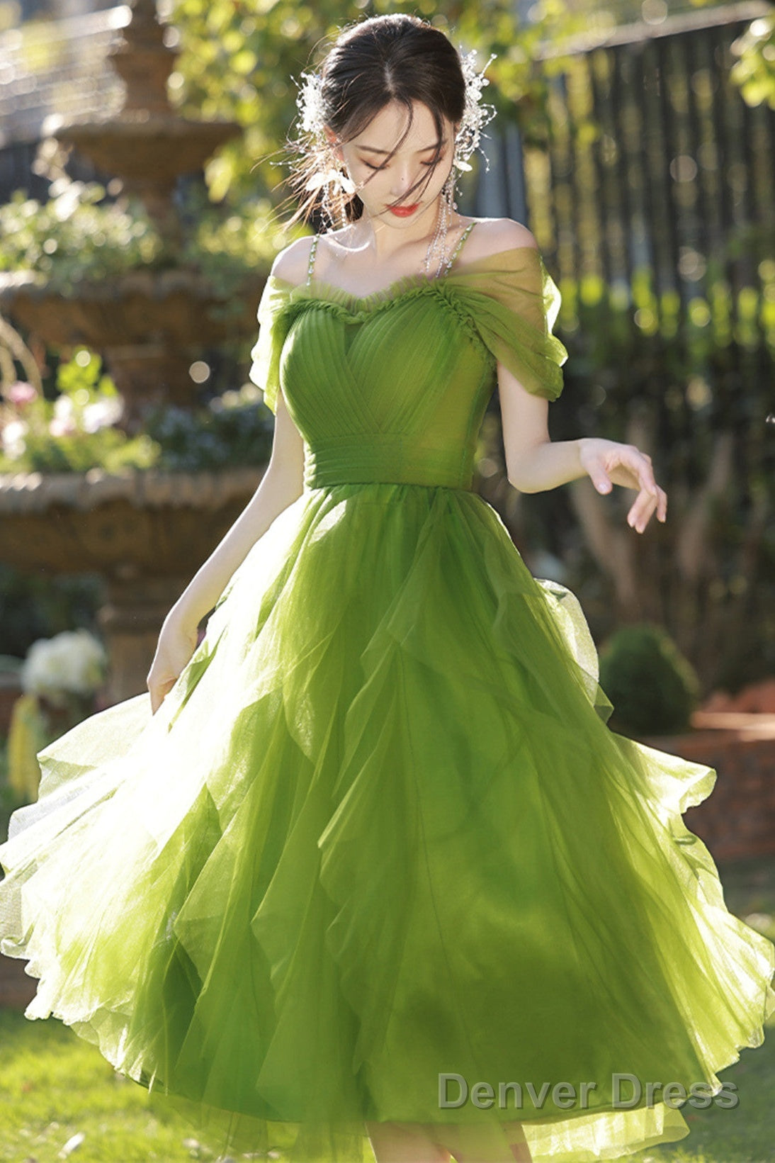Lovely Green Tulle Beaded Straps Short Prom Dress, Green Short Homecoming Dresses