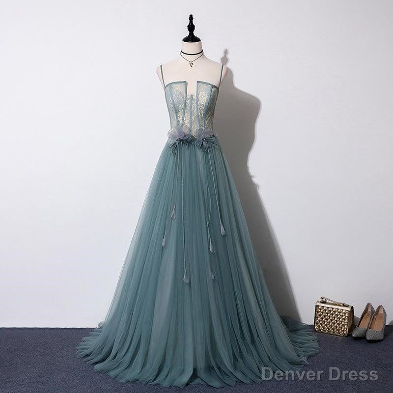 Lovely Green Tulle Lace Top Long Strapless Handmade Prom Dress,Tulle Evening Dress Party Dress