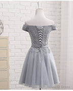Lovely Grey Short Tulle Prom Dress with Lace Applique, Bridesmaid Dress Cute Prom Dresses