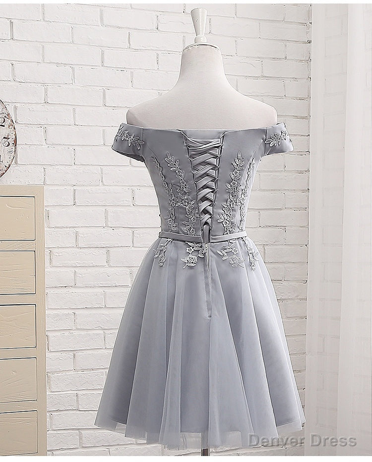 Lovely Grey Short Tulle Prom Dress with Lace Applique, Bridesmaid Dress Cute Prom Dresses