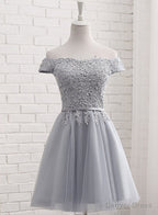 Lovely Grey Short Tulle Prom Dress with Lace Applique, Bridesmaid Dress Cute Prom Dresses