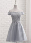Lovely Grey Short Tulle Prom Dress with Lace Applique, Bridesmaid Dress Cute Prom Dresses