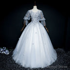 Lovely Grey Tulle Puffy Sleeves with Lace Long Formal Dress, Sweet 16 Dresses