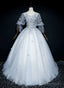 Lovely Grey Tulle Puffy Sleeves with Lace Long Prom Dress, Sweet 16 Dresses