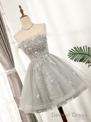 Lovely Grey Tulle With Shiny Lace Short Party Dress Homecoming Dress, Cute Prom Dress
