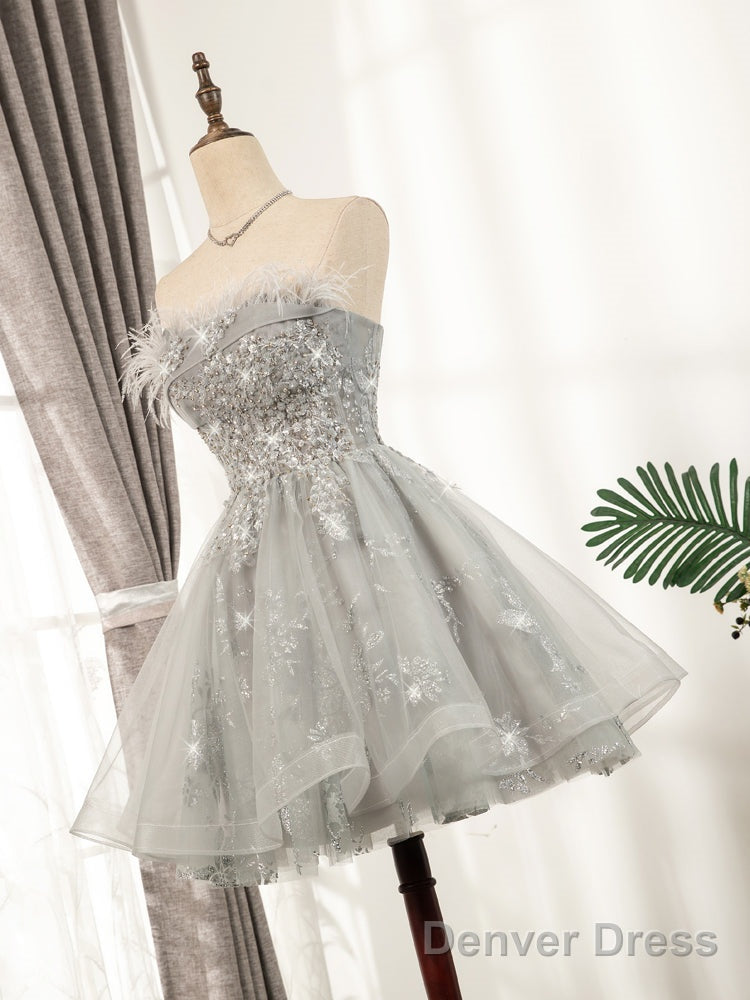Lovely Grey Tulle With Shiny Lace Short Prom Dress Homecoming Dress, Cute Prom Dresses