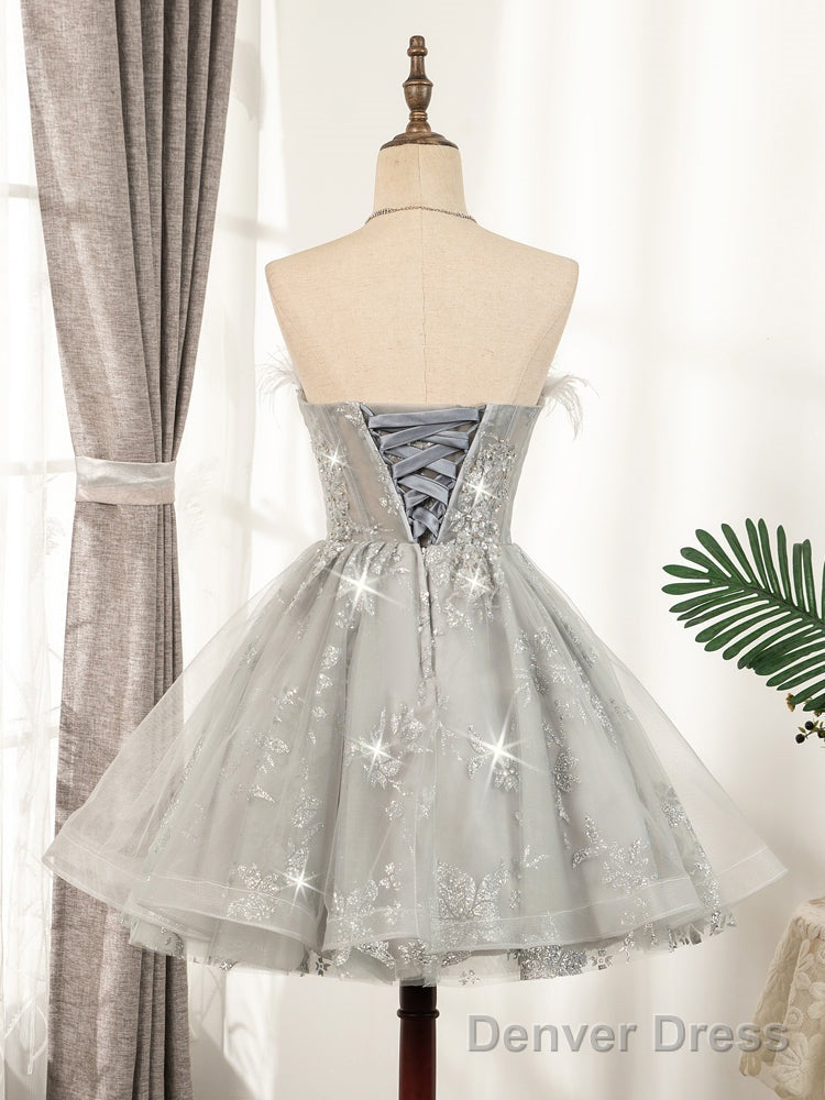 Lovely Grey Tulle With Shiny Lace Short Party Dress Homecoming Dress, Cute Prom Dress